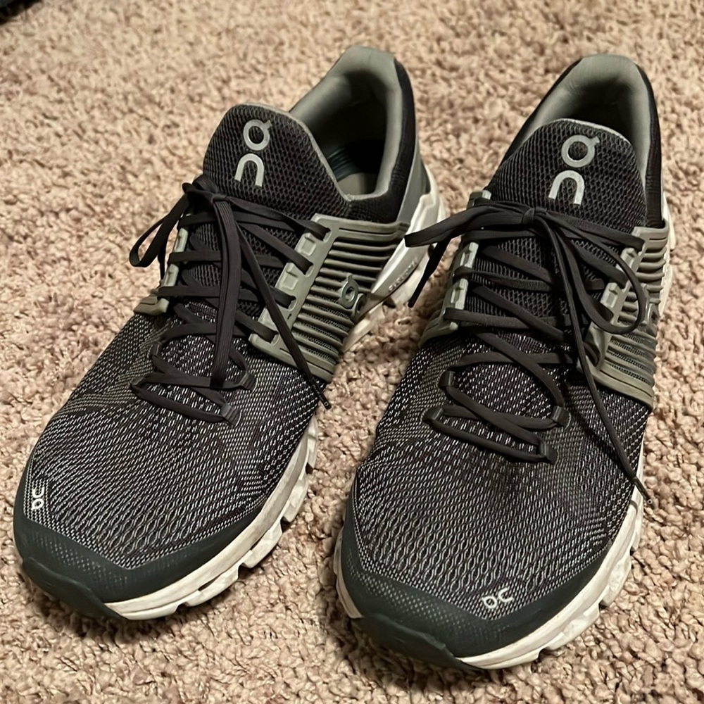 On men’s gray running shoes